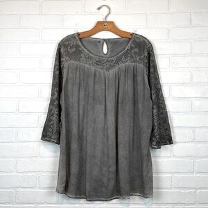 Gina Benotti Faded Gray Lace Boho 3/4 Sleeve Peasant Blouse L
